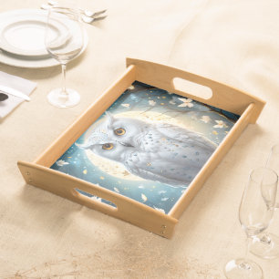 Snowy Owl And Moon With Sparkle, Serving Tray