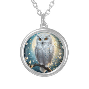 Snowy Owl And Moon With Sparkle, Silver Plated Necklace