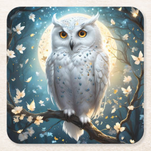 Snowy Owl And Moon With Sparkle, Square Paper Coaster