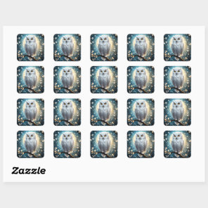 Snowy Owl And Moon With Sparkle, Square Sticker