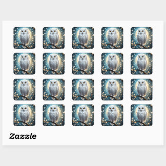 Snowy Owl And Moon With Sparkle, Square Sticker