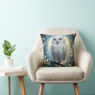 Snowy Owl And Moon With Sparkle, Throw Pillow