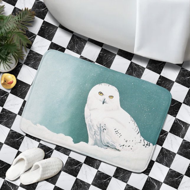 Snowy Owl Arctic Winter Sky Snow Teal Bath Mat (Creator Uploaded)