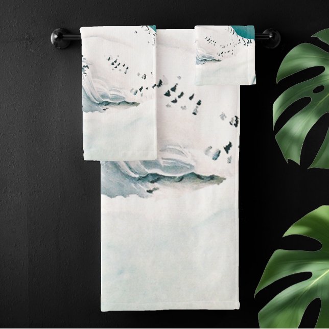 Snowy Owl Arctic Winter Sky Snow Teal Bath Towel Set (Creator Uploaded)