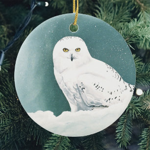 Snowy Owl Arctic Winter Sky Snow Teal Ceramic Ornament