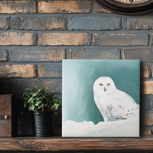Snowy Owl Arctic Winter Sky Snow Teal Ceramic Tile