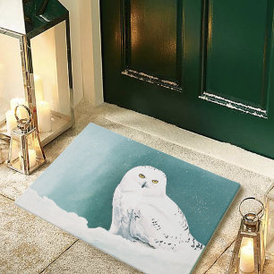 Snowy Owl Arctic Winter Sky Snow Teal Doormat