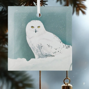 Snowy Owl Arctic Winter Sky Snow Teal Glass Ornament