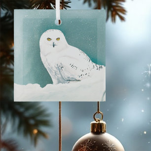 Snowy Owl Arctic Winter Sky Snow Teal Glass Ornament