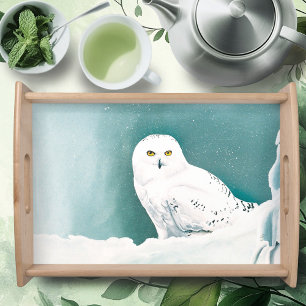Snowy Owl Arctic Winter Sky Snow Teal Serving Tray
