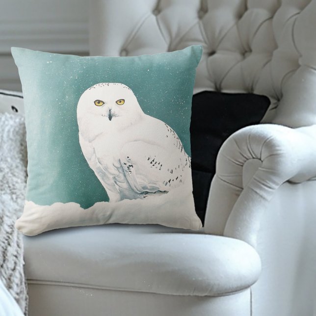 Snowy Owl Arctic Winter Sky Snow Teal Throw Pillow (Creator Uploaded)