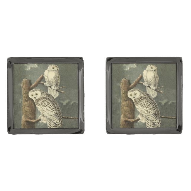 Snowy Owl Audubon Bird Artwork Gunmetal Finish Cufflinks (Front)