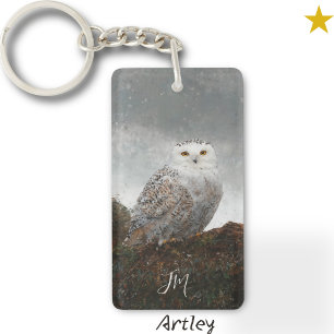 Snowy Owl Bird Painting Custom Name Birder Keychain