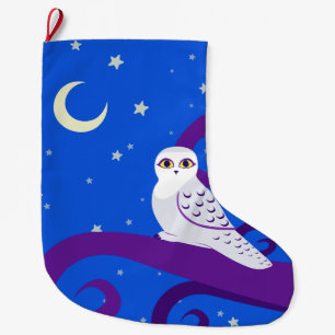 Snowy Owl Crescent Moon Night Forest Art Large Christmas Stocking