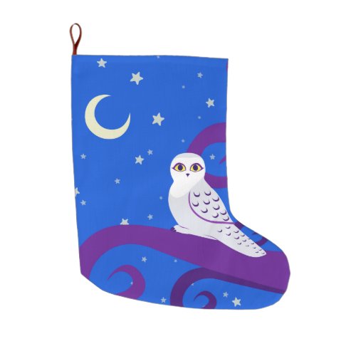 Snowy Owl Crescent Moon Night Forest Art Large Christmas Stocking