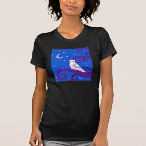 Snowy Owl Crescent Moon Night Forest Art T_Shirt