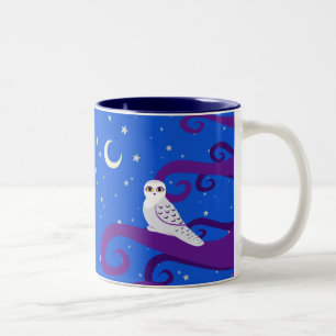 Snowy Owl Crescent Moon Night Forest Art Two-Tone Coffee Mug