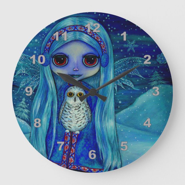 Snowy Owl Fairy Magical Winter Snowflakes Nursery Large Clock (Front)