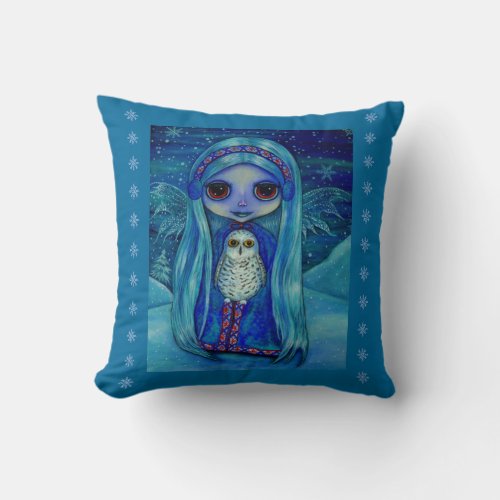 Snowy Owl Fairy Winter Wonderland Big Eyes Cute Throw Pillow