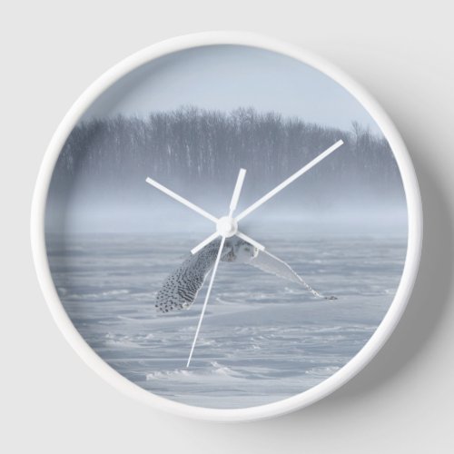 Snowy Owl Flying In Winter Clock