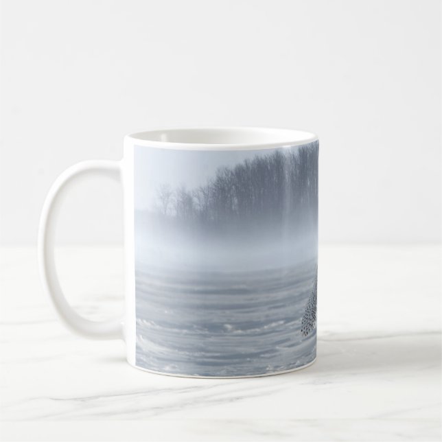 Snowy Owl Flying In Winter Coffee Mug (Left)