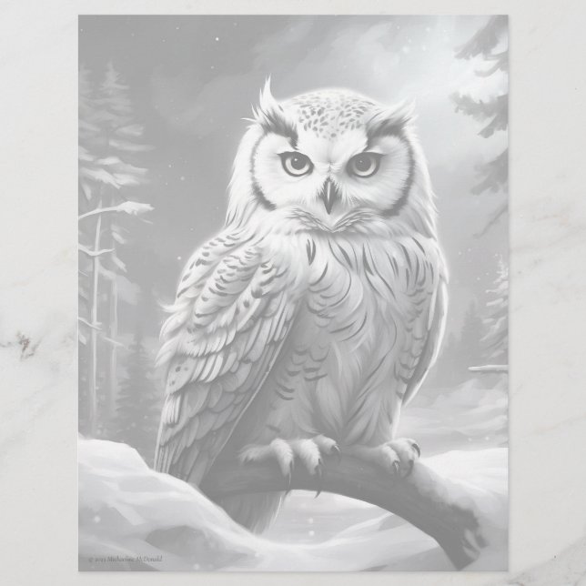 Snowy Owl - Grayscale Coloring Page (Front)