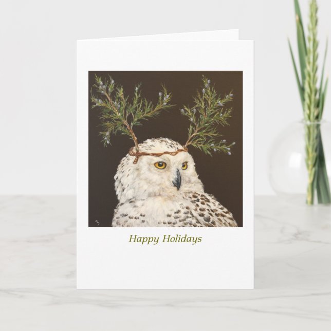 Snowy Owl holiday card on white (Front)