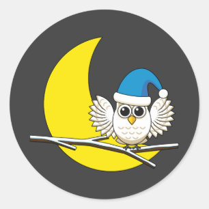 Snowy Owl in a New Moon Winter Night Classic Round Sticker
