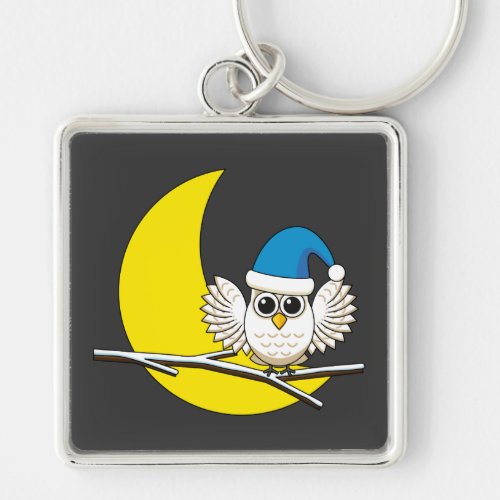 Snowy Owl in a New Moon Winter Night Keychain