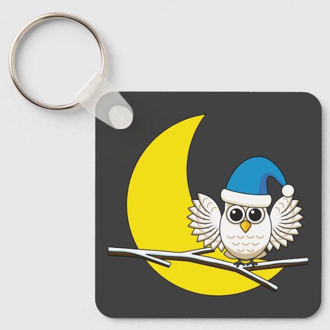 Snowy Owl in a New Moon Winter Night Keychain (Front)
