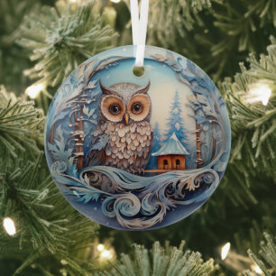 Snowy Owl in a Winter Wonderland, Christmas Glass Ornament