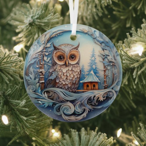 Snowy Owl in a Winter Wonderland Christmas Glass Ornament