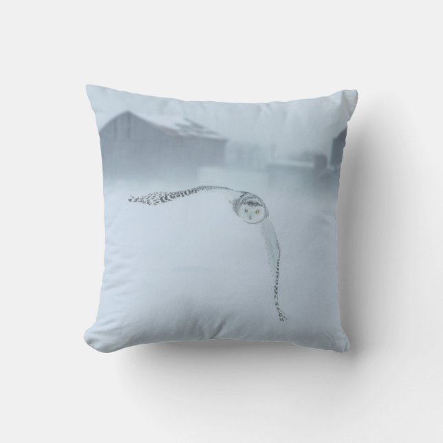 Snowy Owl In Flight In Winter Throw Pillow (Front)