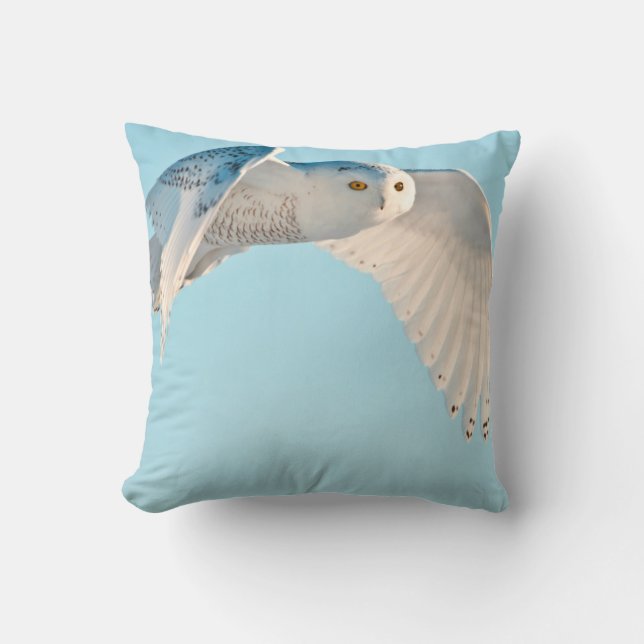 Snowy Owl in flight Throw Pillow (Front)