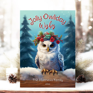 Snowy Owl in Forest Rustic Jolly Owliday Wishes Holiday Card