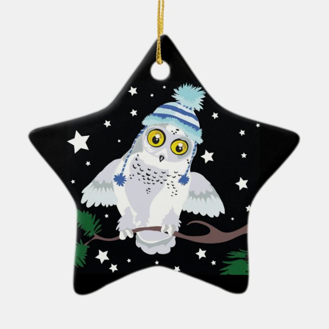 Snowy Owl in Hat "Hoot!"~ ornament (Front)
