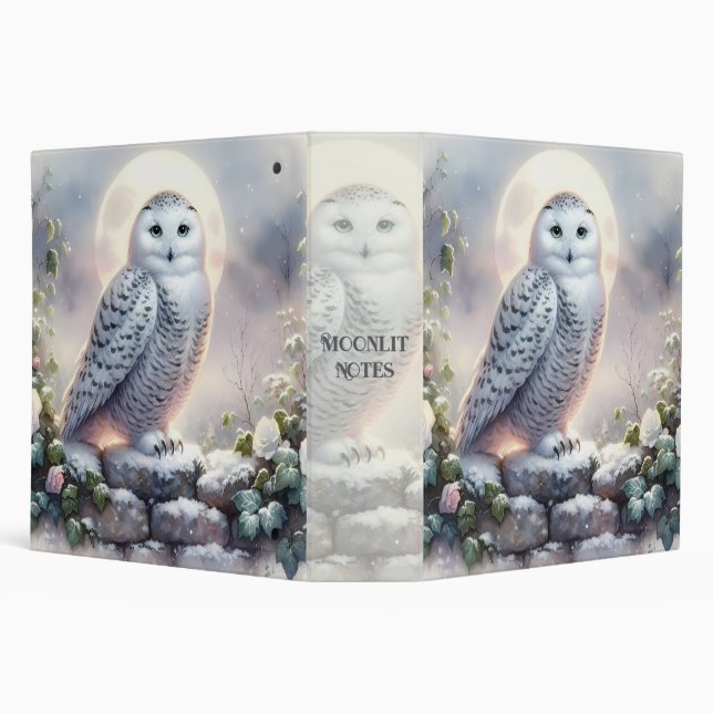 Snowy Owl in Moonlit Winter Garden 3 Ring Binder (Background)