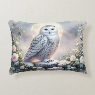 Snowy Owl in Moonlit Winter Garden Accent Pillow
