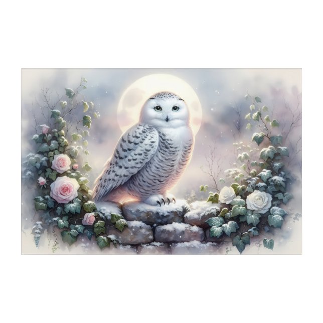 Snowy Owl in Moonlit Winter Garden Acrylic Print (Front)