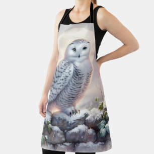 Snowy Owl in Moonlit Winter Garden Apron
