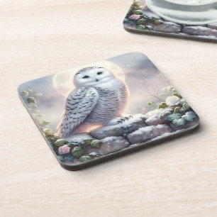 Snowy Owl in Moonlit Winter Garden Beverage Coaster