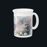 Snowy Owl in Moonlit Winter Garden Beverage Pitcher<br><div class="desc">A majestic snowy owl perches gracefully on a frost-covered stone wall, illuminated by the soft glow of a full moon. Surrounded by delicate pink and white roses dusted with snow, this enchanting scene evokes a sense of quiet wonder and mystical beauty. The artwork blends elements of winter fantasy art and...</div>