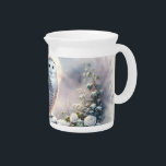 Snowy Owl in Moonlit Winter Garden Beverage Pitcher<br><div class="desc">A majestic snowy owl perches gracefully on a frost-covered stone wall, illuminated by the soft glow of a full moon. Surrounded by delicate pink and white roses dusted with snow, this enchanting scene evokes a sense of quiet wonder and mystical beauty. The artwork blends elements of winter fantasy art and...</div>