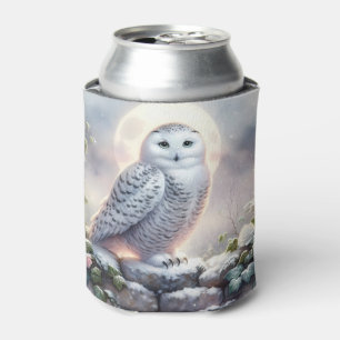 Snowy Owl in Moonlit Winter Garden Can Cooler