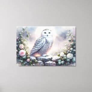 Snowy Owl in Moonlit Winter Garden Canvas Print
