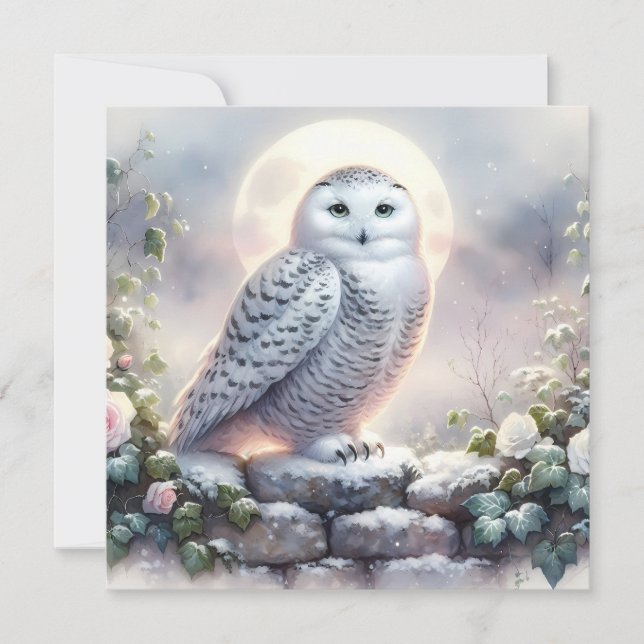 Snowy Owl in Moonlit Winter Garden Card (Front)