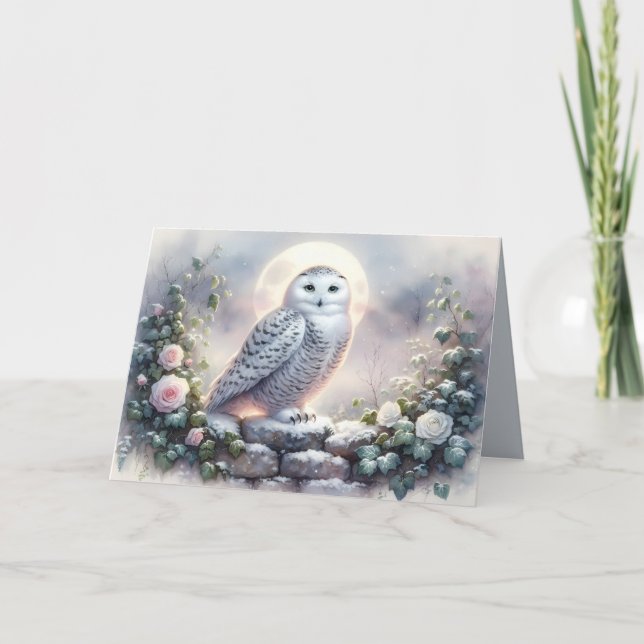 Snowy Owl in Moonlit Winter Garden Card (Front)