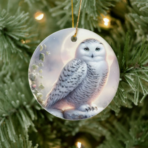 Snowy Owl in Moonlit Winter Garden Ceramic Ornament