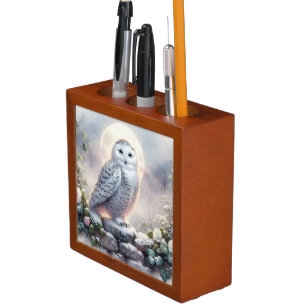 Snowy Owl in Moonlit Winter Garden Desk Organizer