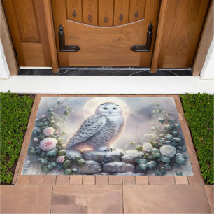Snowy Owl in Moonlit Winter Garden Doormat